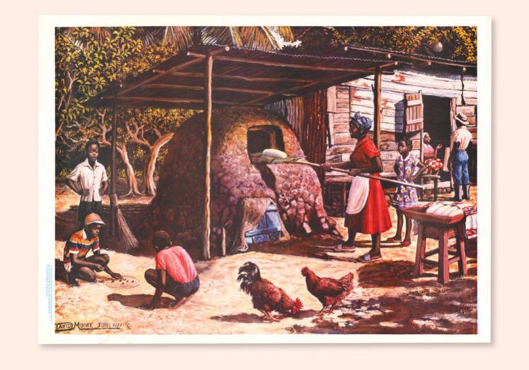 An illustration showing a woman baking bread in an outdoor oven