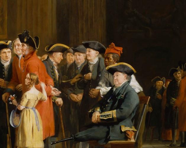 Detail from The United Service showing black sailor John Deman in a meeting at Greenwich Hospital