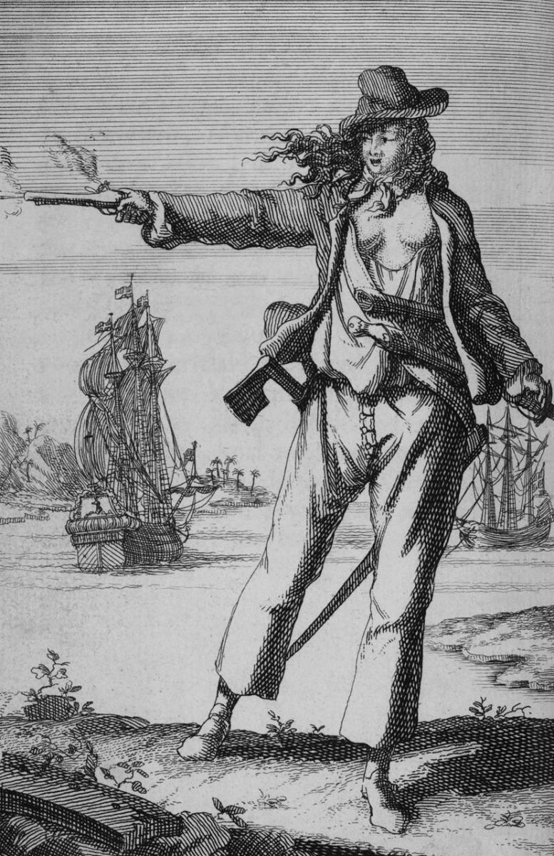 Drawing of a women dressed as a man pointing her pistol against a back drop of a ship
