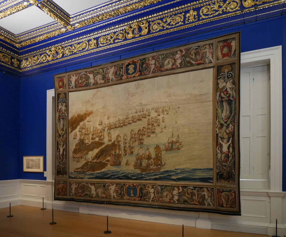 A naval tapestry hanging in Queen's House