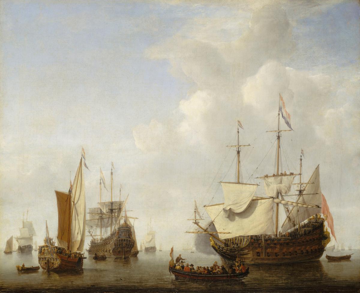 A Dutch flagship coming to anchor with a States yacht before a light air