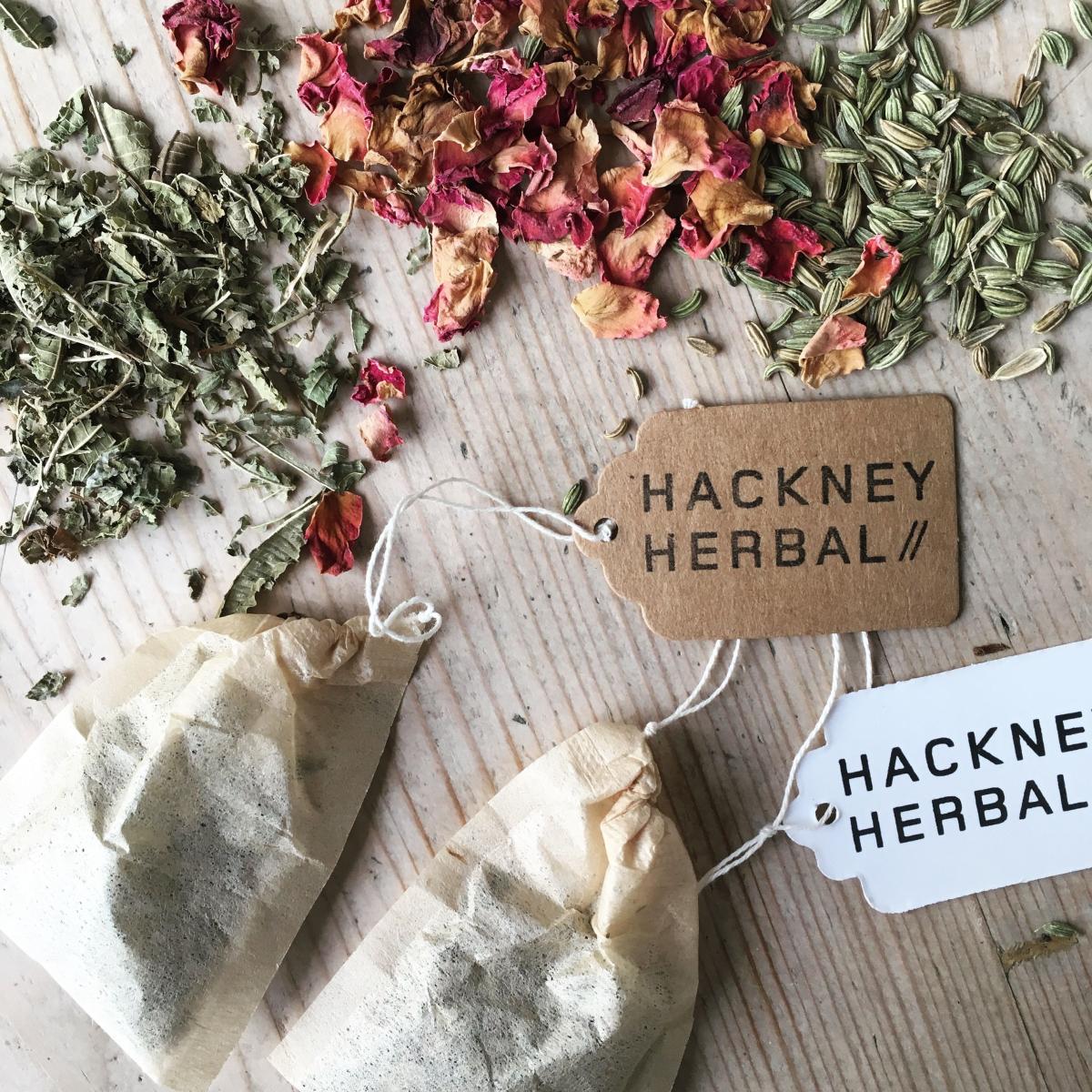 Herbal tea bags with Hackney Herbal labels