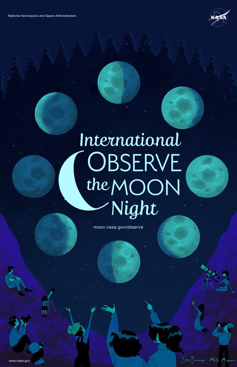Poster for International Observe the Moon night with that written on text in the middle of the page surrounded by the phases of the Moon. Cartoons of people pointing at the moon and looking through telescopes are around the bottom edges