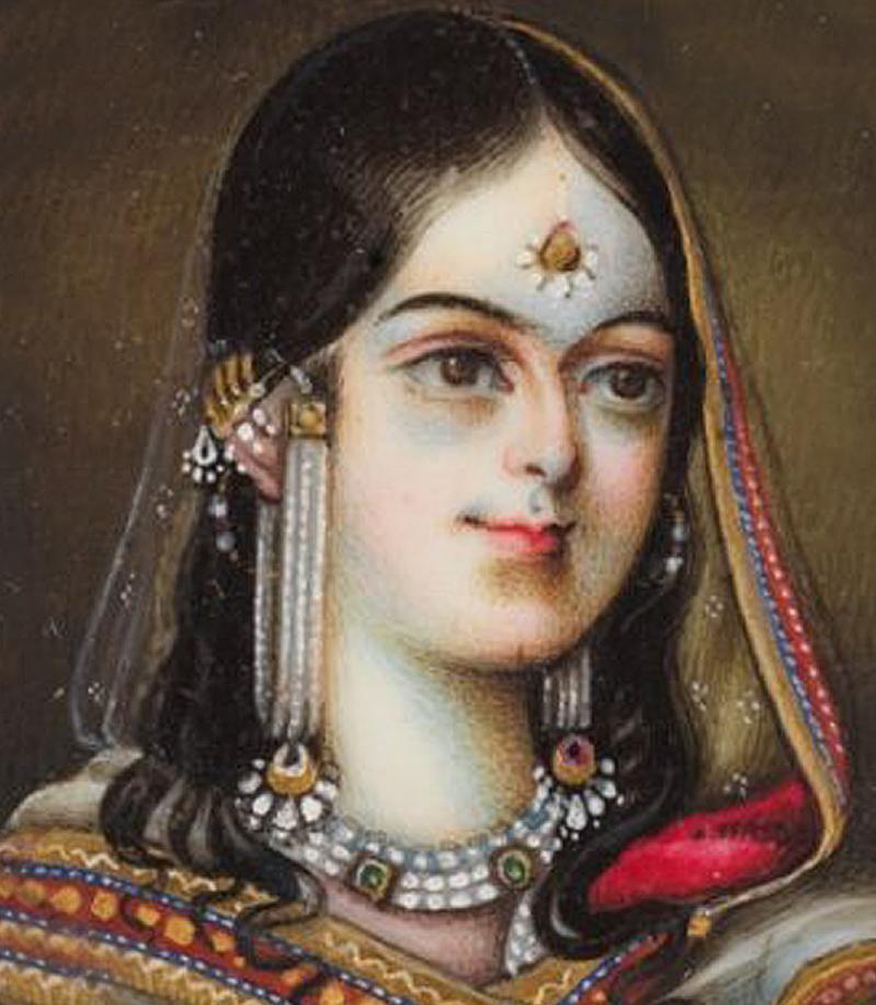 Close up of a miniature of Zeenat Mahal wearing jewelled clothing