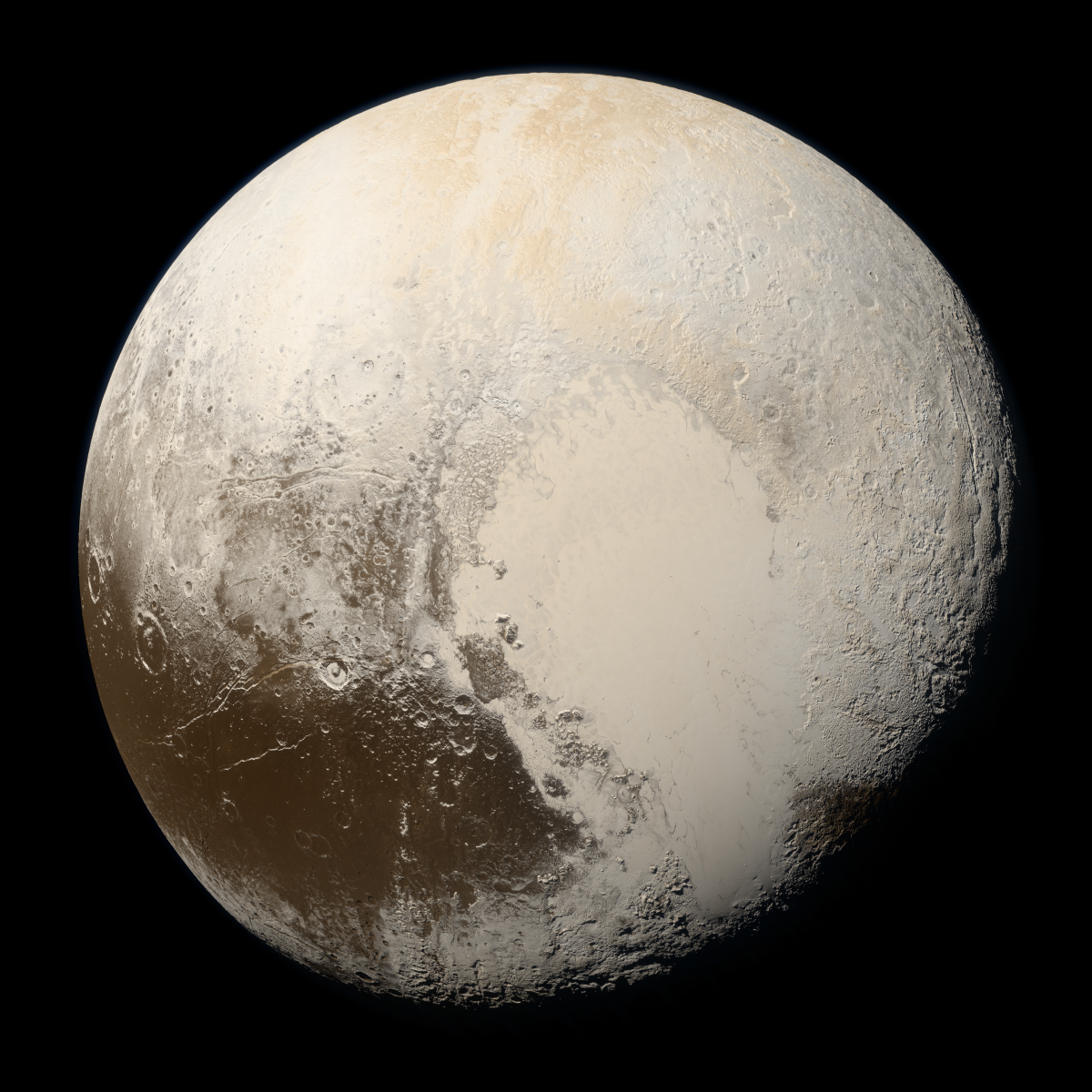 Photograph of a spherical planet which is mainly cream white with a mottled and textured surface, but with a large patch of brown in the bottom left corner/