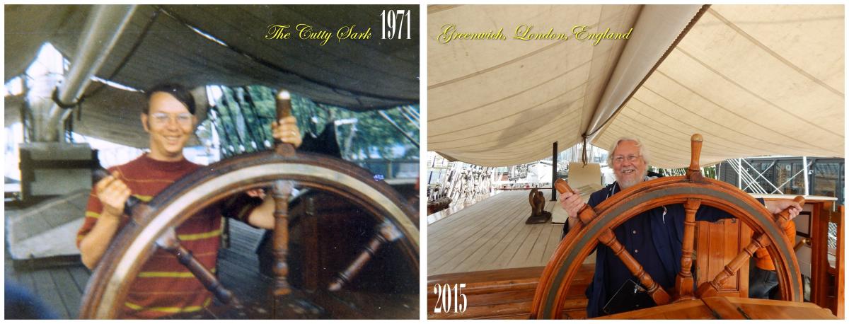 A composite photo: the image on the left is from 1971 and shows a young man holding a ship's wheel. The image on the right is from 2015: taken from the same spot, it shows the same man, now older, smiling and holding the wheel.