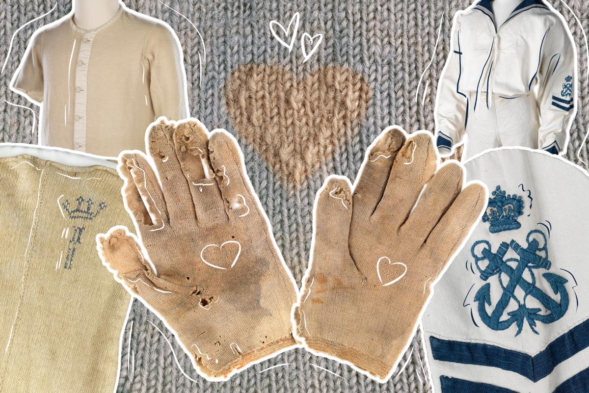 A collage featuring different items of naval uniform. A pair of woollen gloves with love hearts on the palms fill the centre, with cutouts of tunics, sailor caps and other items surrounding the gloves