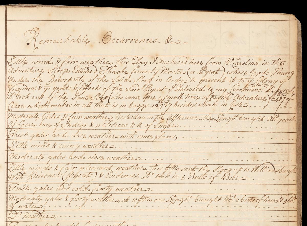 Page from a ship's logbook recording the death of the pirate Blackbeard. A column headed 'remarkable occurrences' is filled out in hard-to-read handwritten notes