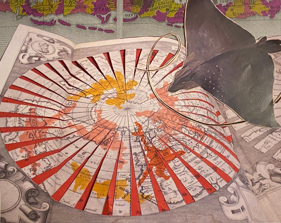 A collaged image showing a round 2-d map of the globe with a stingray in movement over the top right hand corner