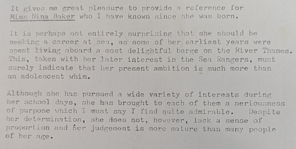 A typed reference letter praising Baker's determination and judgement