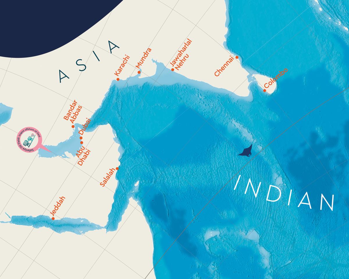A portion of the Ocean Map at the National Maritime Museum showing major port cities around Asia and Africa