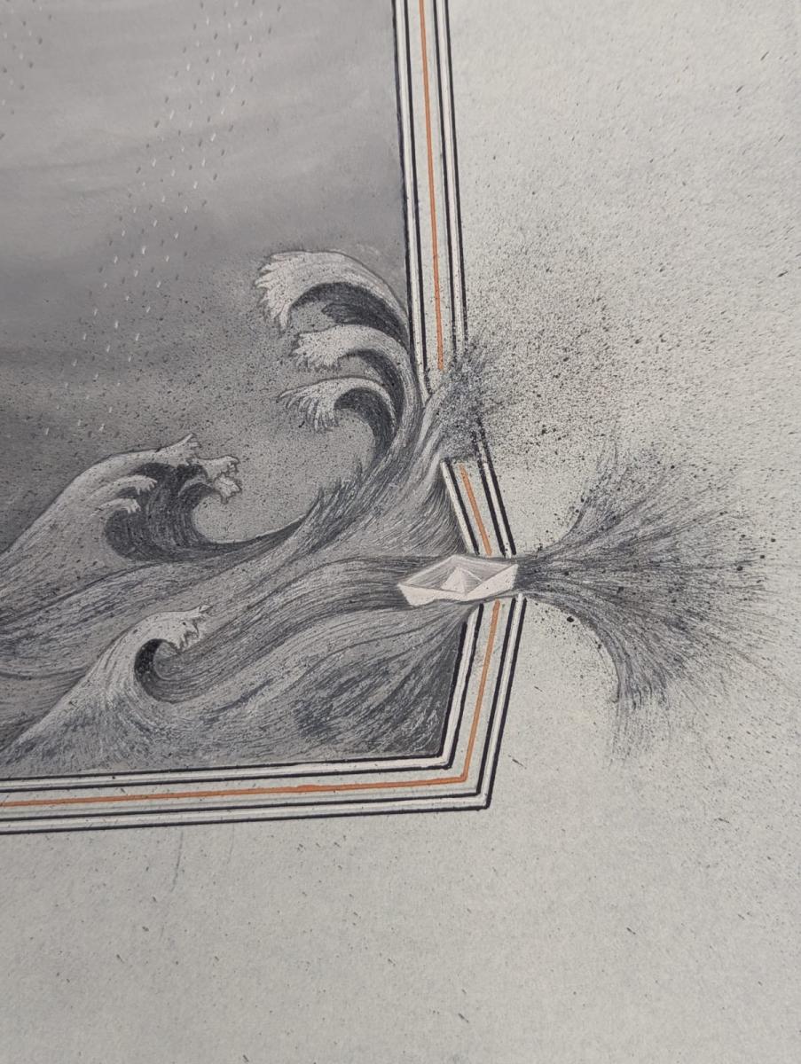 part of a drawing showing a boat sliding out of the frame