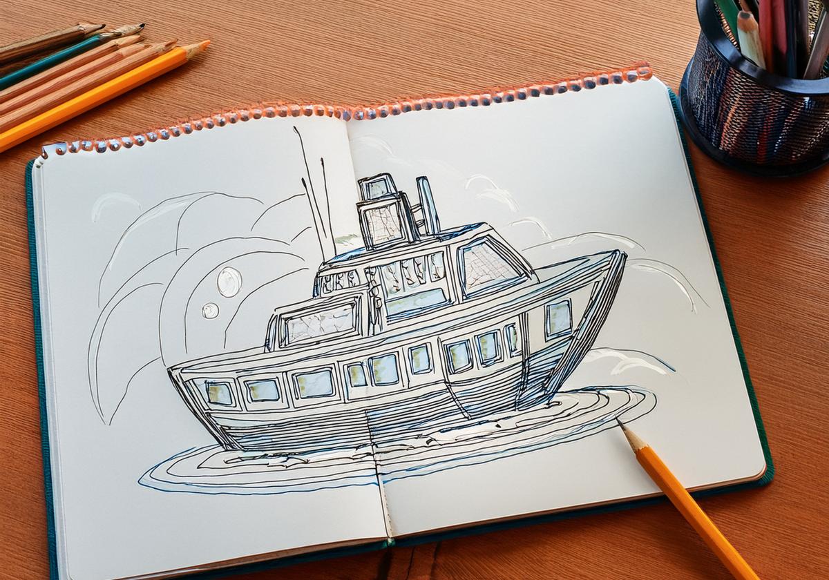 pen sketch of a small river vessel