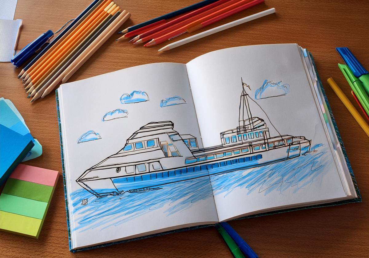 pen sketch of a large river vessel in a book with blue water and blue and white clouds