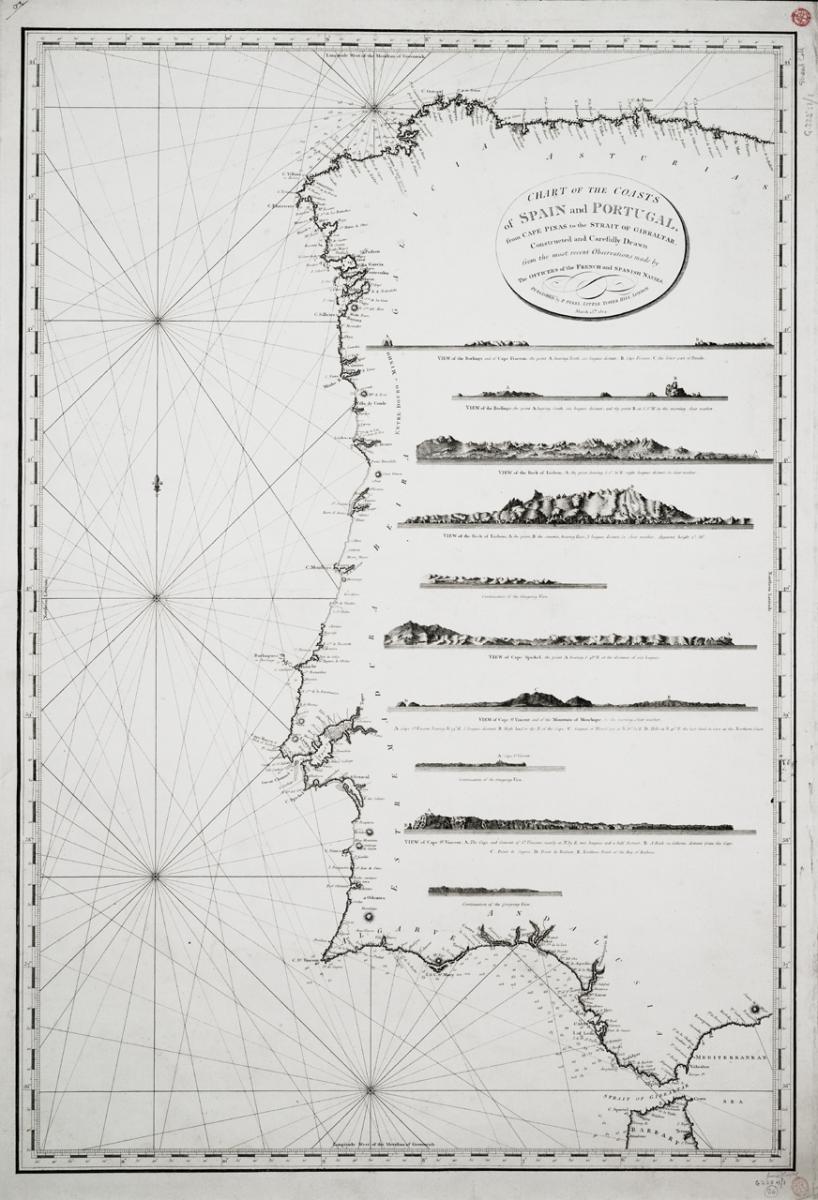 19th century chart of the coasts of Spain and Portugal, from Cape Pinas to the Strait of Gibraltar