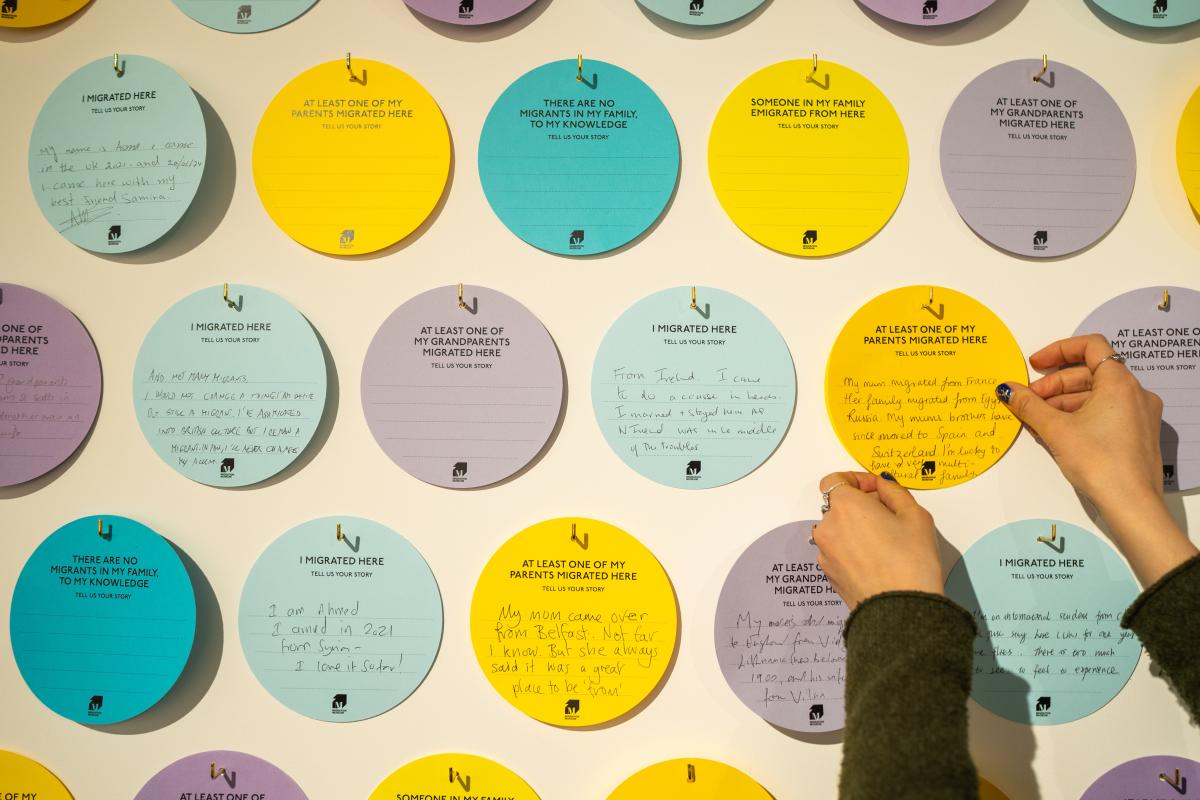 Photo of someone writing on a yellow circle and attaching it to a wall of coloured circles