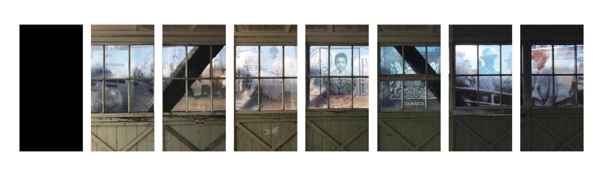 Artist installation with 8 images of a bridge walkway with different windrush symbols in the window panels