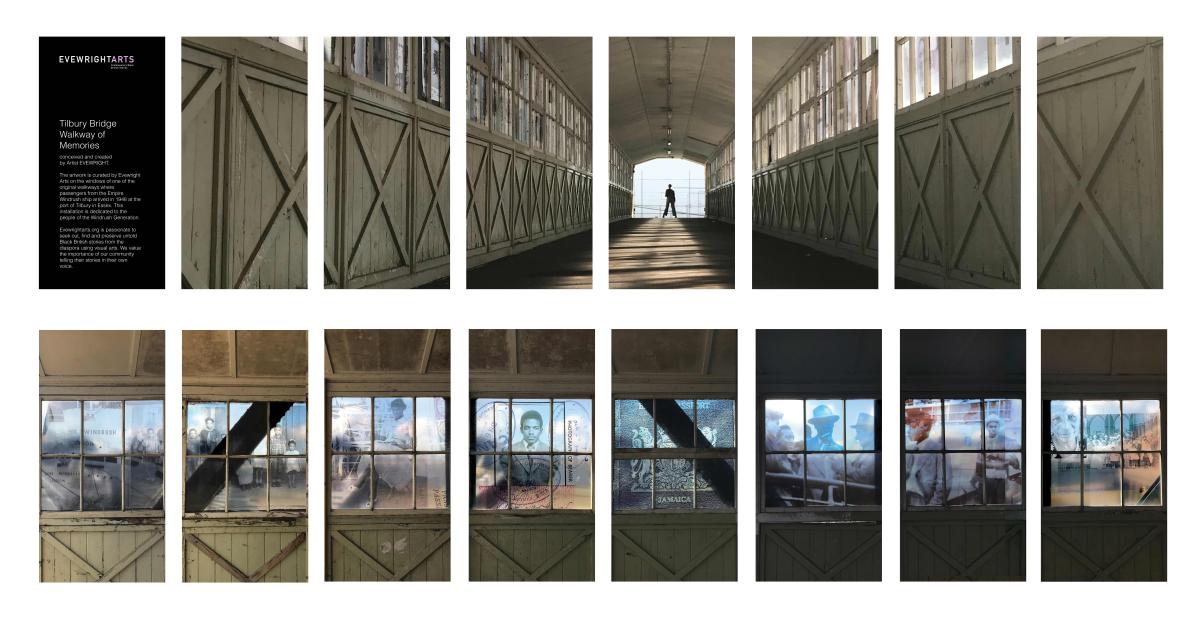 Artist installation with 8 images of a bridge walkway with different windrush symbols in the window panels