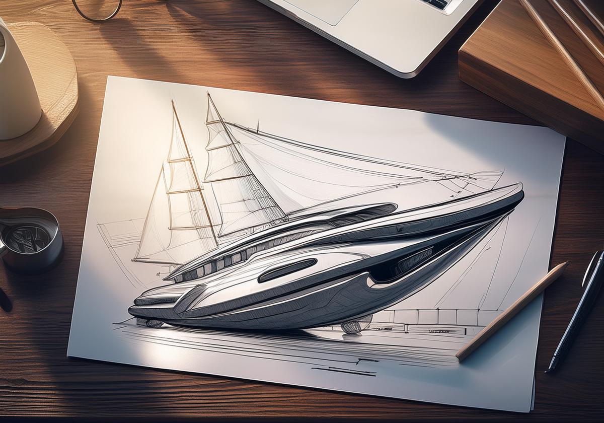 Drawing of a sleek, modern boat with traditional sails on top