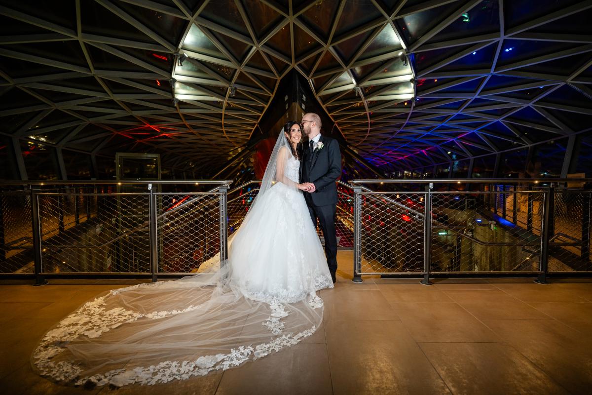 Couple wedding shot overlooking Dry Berth, wide shot