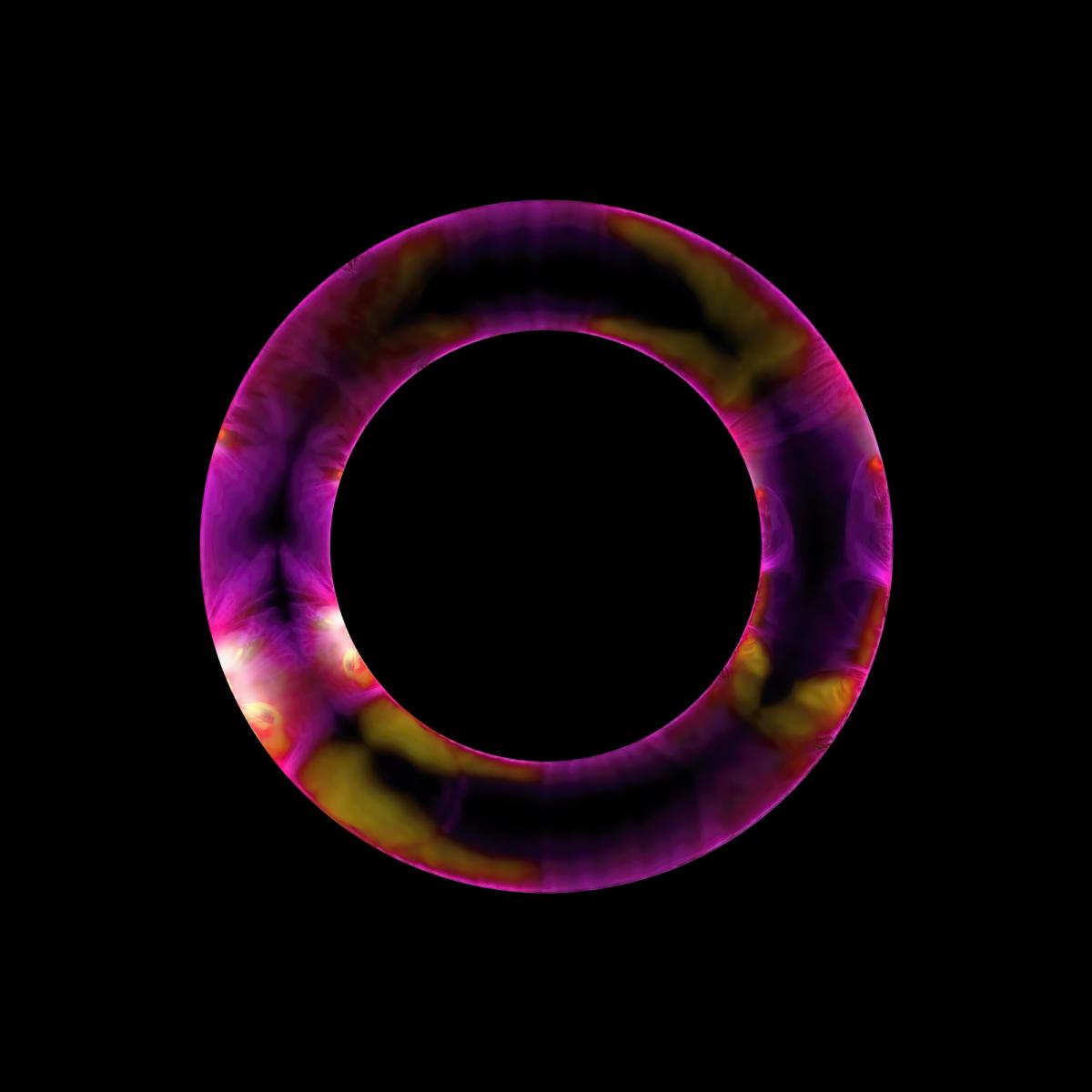 Square image showing black background on which is a ring in purples and greens