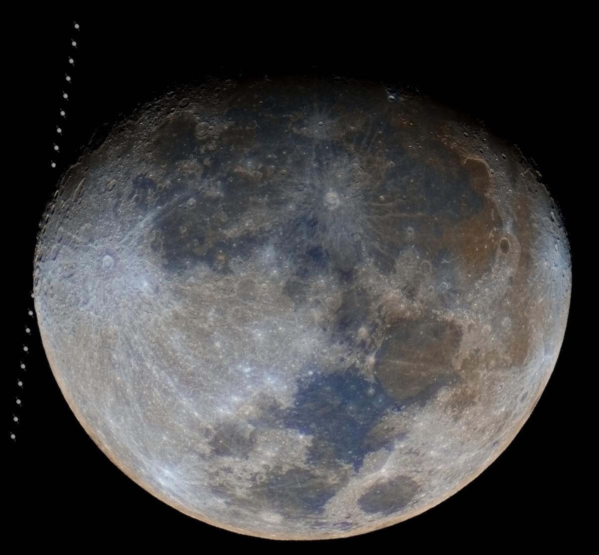 Photo of the Moon which fades into darkness at the top, with a dotted line to the left which disappears behind the left limb of the moon momentarily
