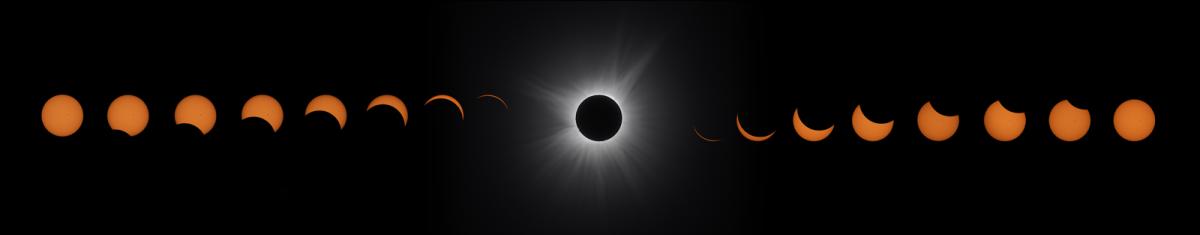 Photo showing progression of Moon moving in front of the Sun incrementally, with a total eclipse in the middle