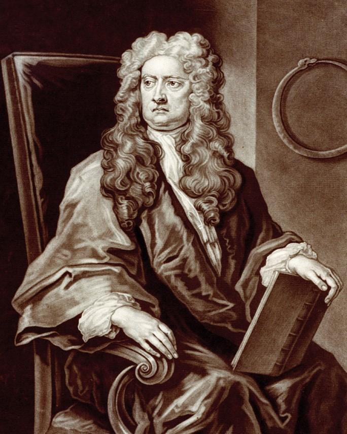 Historic print of scientist Sir Isaac Newton. He sits seriously in a chair, a book open in his hand