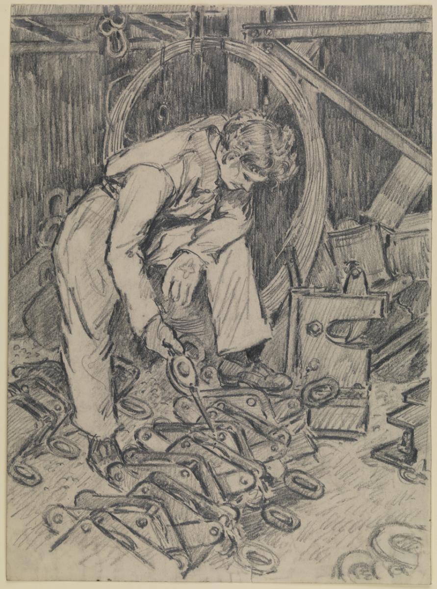 A sketch of a Women from the Women's Royal Navel Services oiling blocks