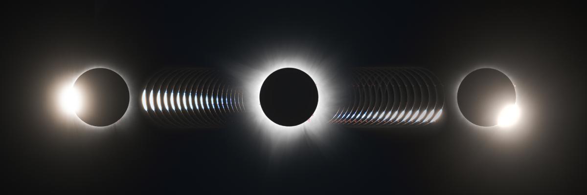 Long photo showing progression of solar eclipse, with baily's beads appearing