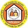 Image shows a cartoon of two people inside a house. The text reads 'Safe place. Ask inside for details'
