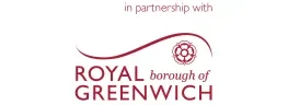 Logo that reads 'In Partnership with Royal Borough of Greenwich', with a curved line and a small rose emblem