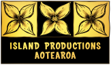 A black and gold logo with illustration of three flowers side by side at the top and the words 'Island Productions Aotearea' beneath