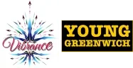 Split graphic showing the colorful “Vibrance” logo with decorative blue, pink, and green burst patterns on the left, and bold yellow “YOUNG GREENWICH” text inside a yellow rectangular border on a black background on the right.