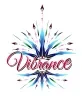 Stylized “Vibrance” logo featuring decorative script text surrounded by a colorful starburst design in shades of blue, pink, purple, and green with abstract feather-like and geometric accents.