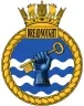 a logo with a gold trim circle and blue and white waves with a blue gauntlet holding a gold key