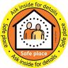 Image shows a cartoon of two people inside a house. The text reads 'Safe place. Ask inside for details'