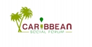 Logo for the Caribbean Social Forum with two palm trees and two figures holding a balloon together