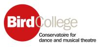Logo that says Bird College Conservatoire for dance and musical theatre, the word bird is in a big red circle