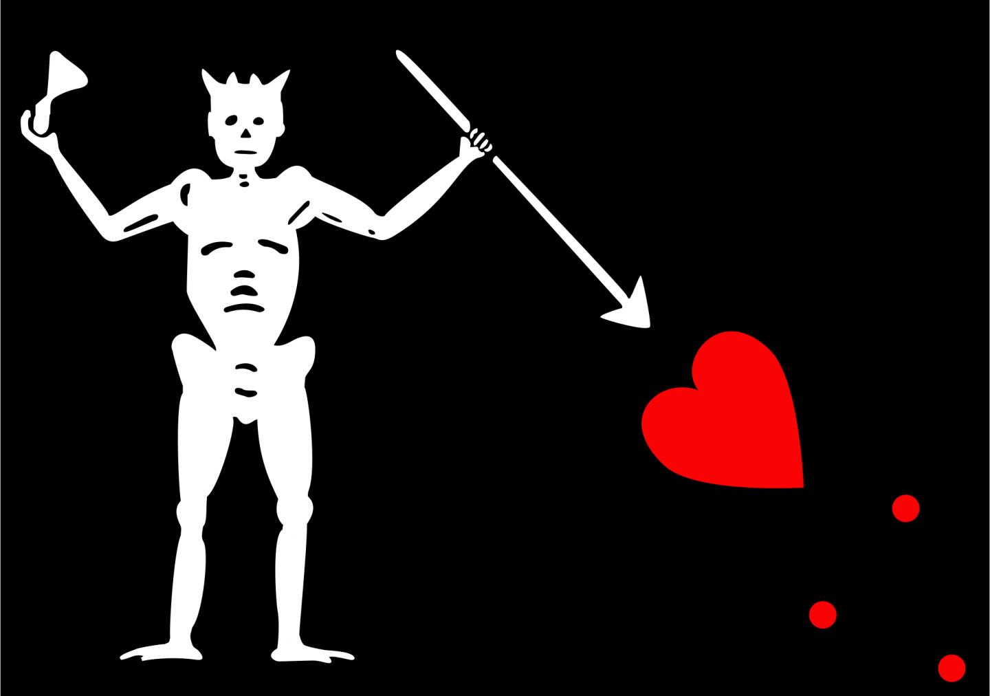 Illustration of Blackbeard's flag. Depicts a skeleton piercing a heart, whilst toasting the devil..