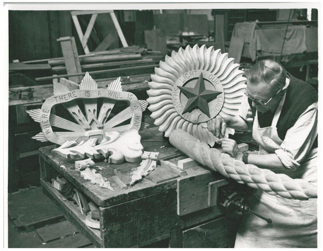 Stern decoration being made in workshop by Tommy Turner 1956