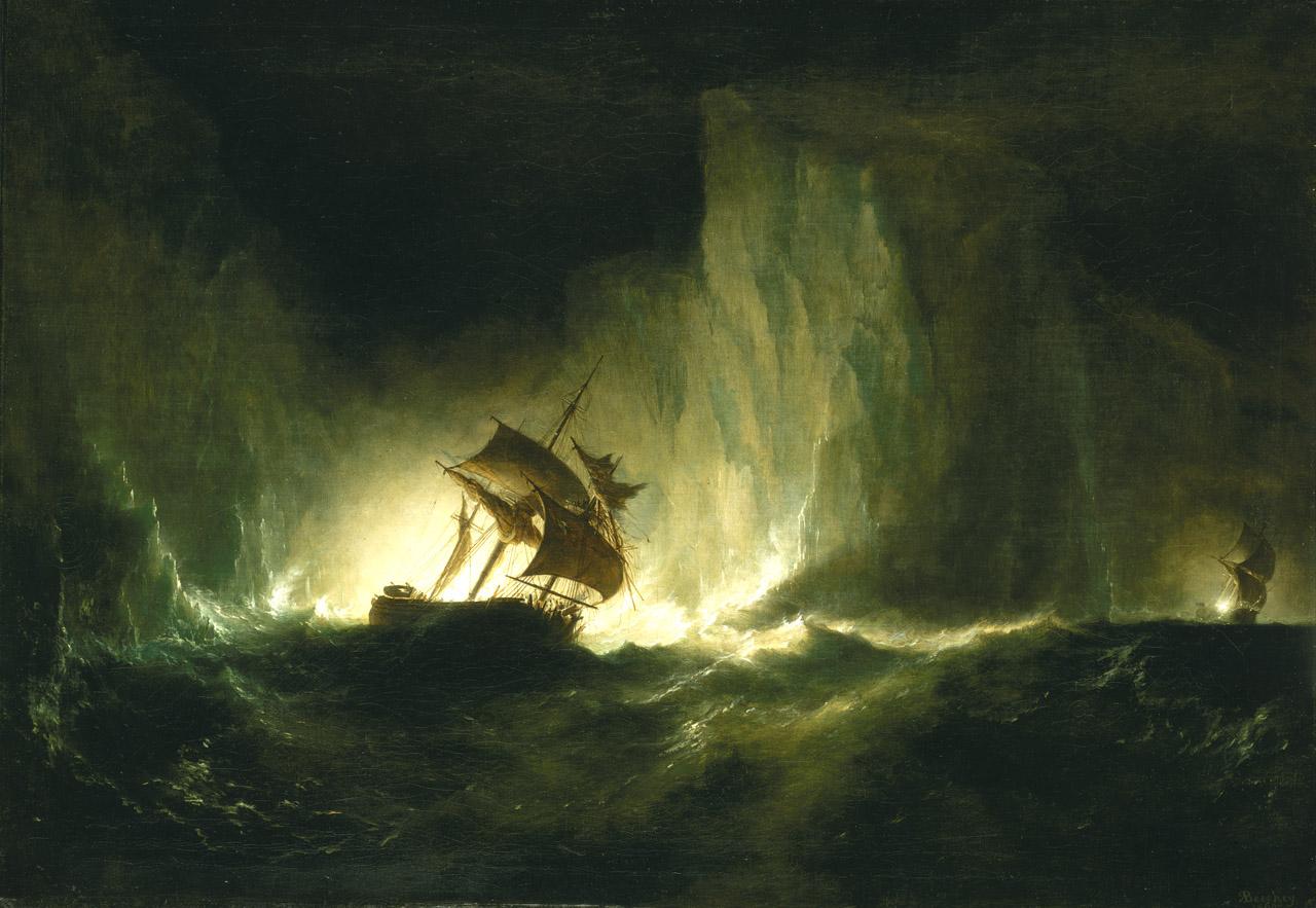 An oil painting of a sailing ship in the Arctic at night, with icebergs towering over the deck