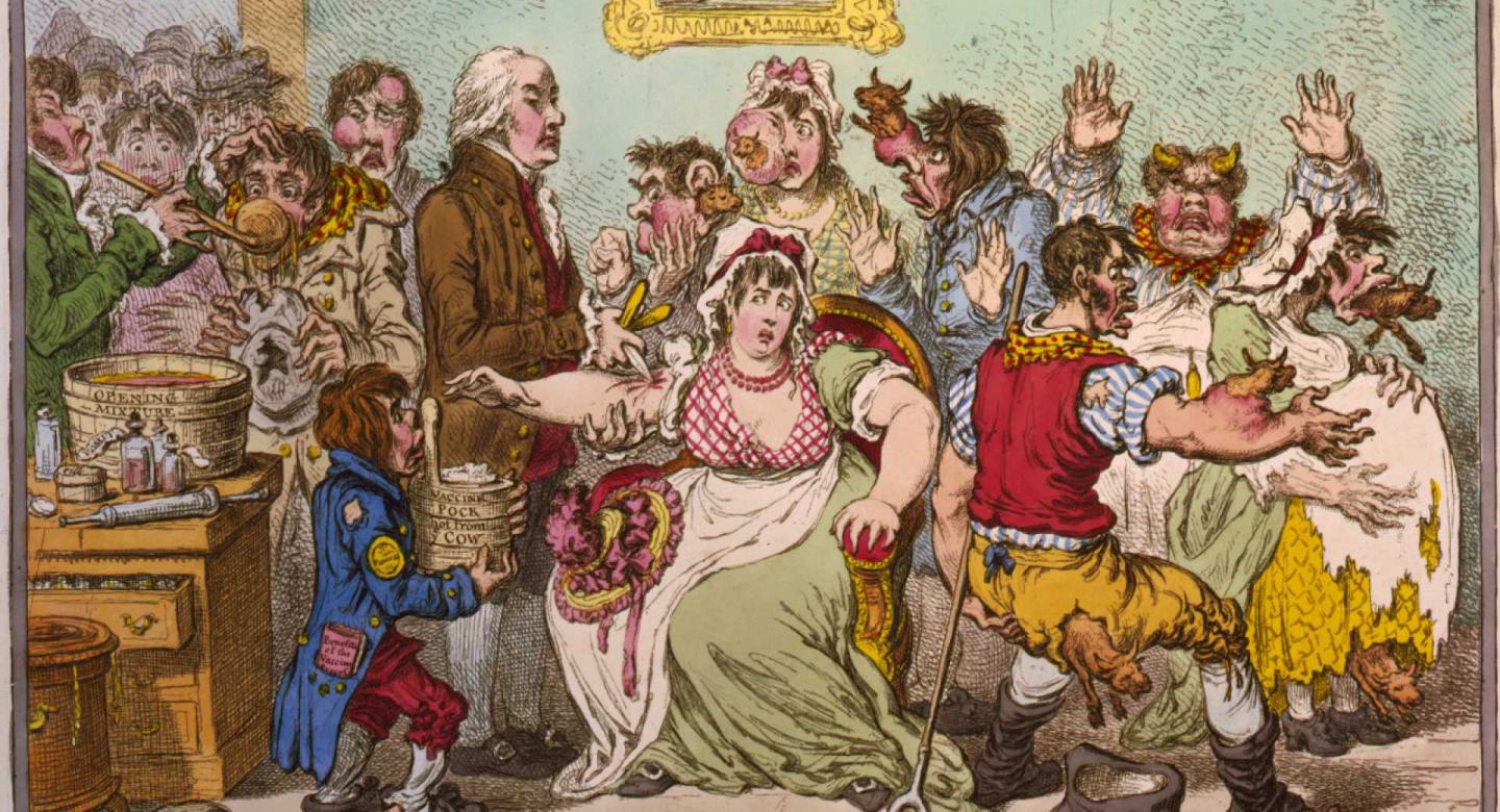 A cartoon by British satirist James Gillray published in 1802, titled 'The Cow-Pock—or—the Wonderful Effects of the New Inoculation!' (via Wikimedia Commons)