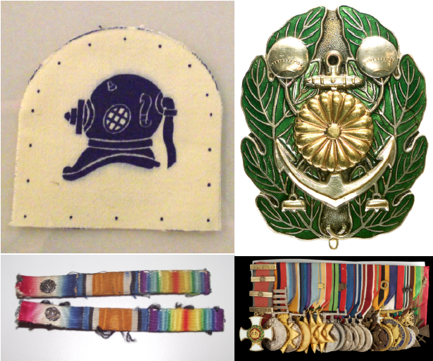 (Source of four types of badges/medals: first up to the left white badge with blue diving-suit on it, up right green leaf with a golden flower in the middle and an anchor, down left two fabric colorful rectangular badges, down right series of colorful medals Pictures)