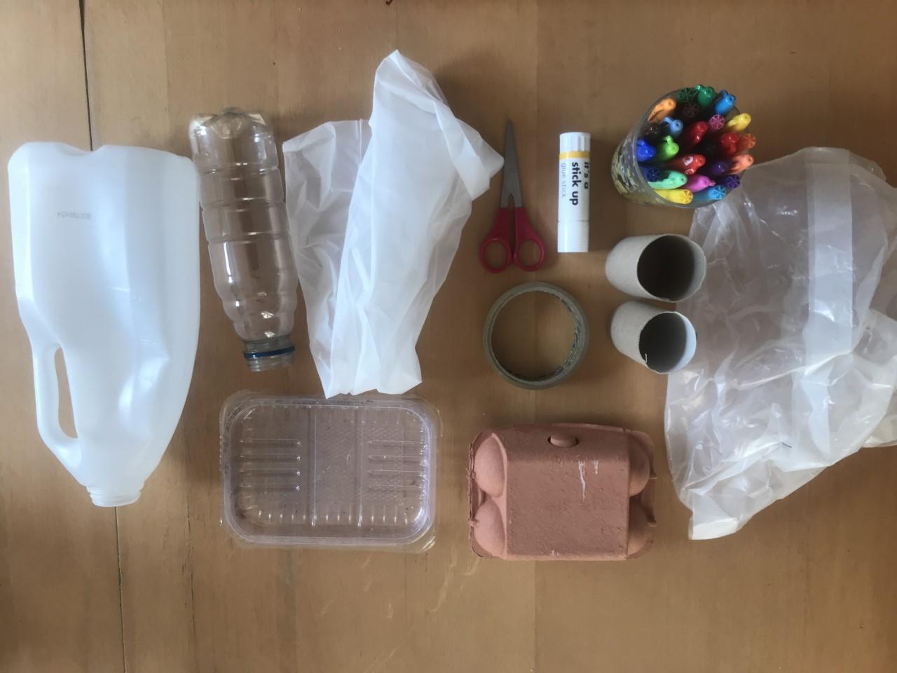 plastic milk bottle, plastic water bottle, plastic food tray, plastic bags, egg box, toilet roles, coloured pens, toilet roll tubes, scissors, glue
