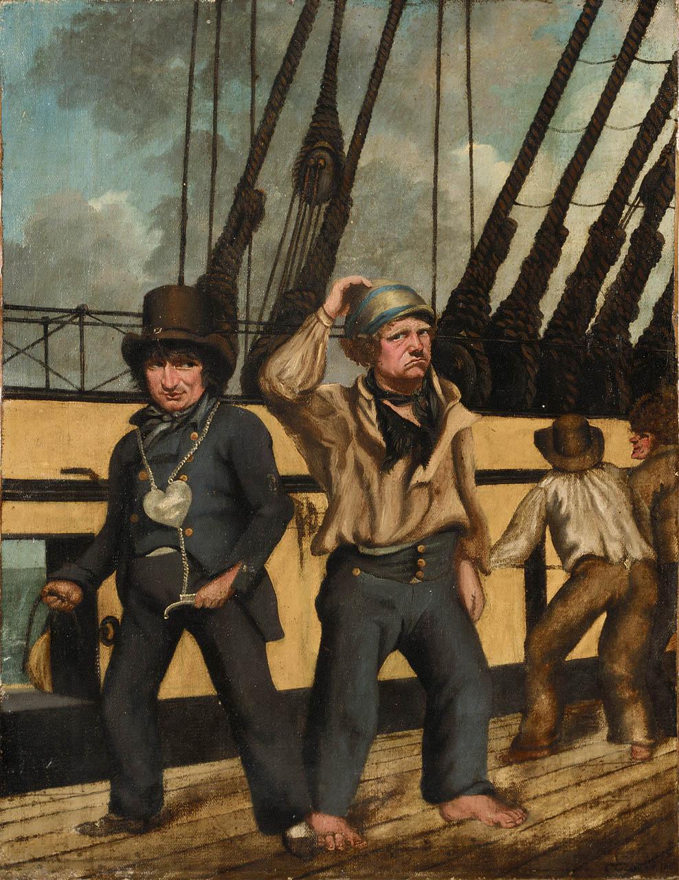 A painting showing two men on board ship, one wearing a top hat and suit, another wearing rough sailor clothes and bare feet