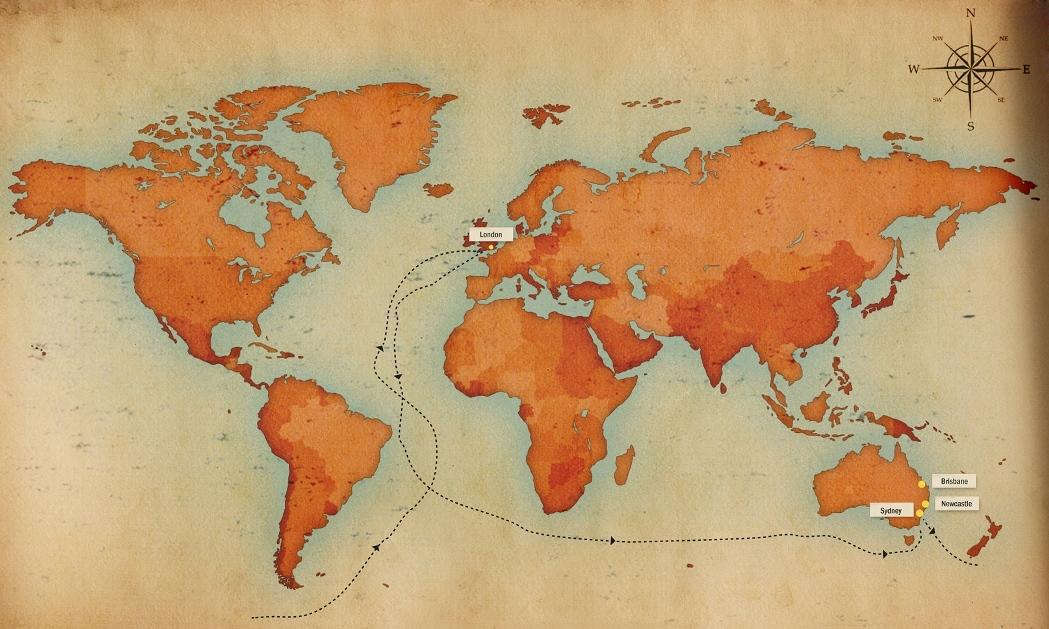 Map of Cutty Sark's route to Australia and back to London