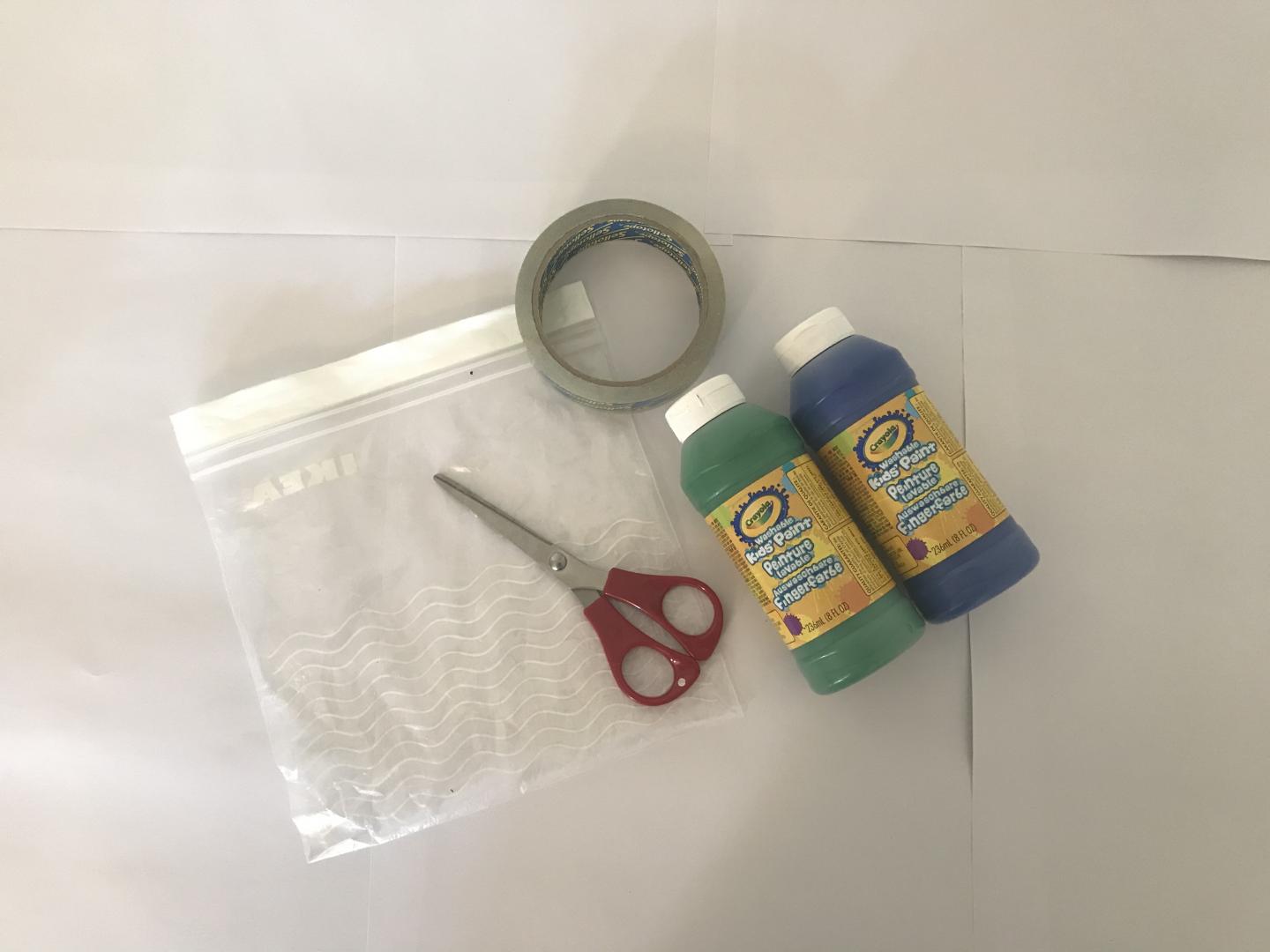 plastic sandwich bag, scissors, tape, blue and green paint