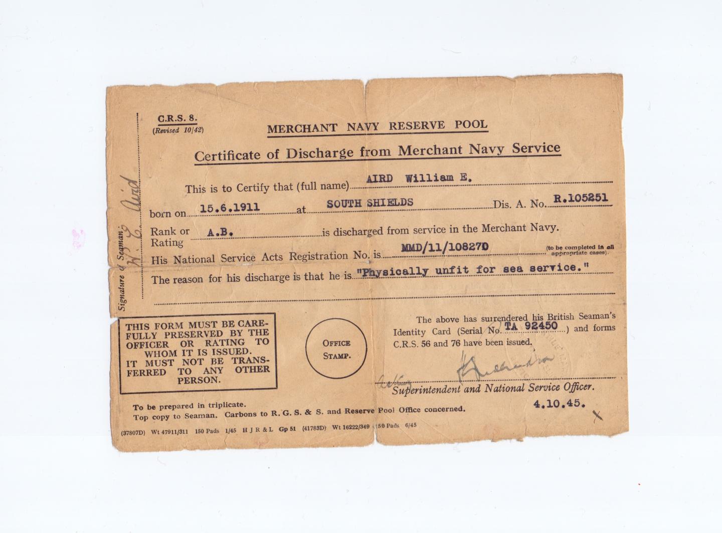 Discharge papers for William Aird