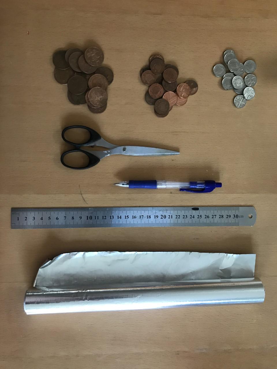 (Source of foil ruler pen scissors and coins picture)
